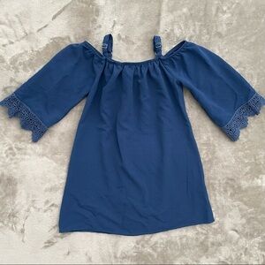 Amy's Closet Blue Cold Shoulder Boho Spanish Style Dress 7 Crochet Trim Tunic